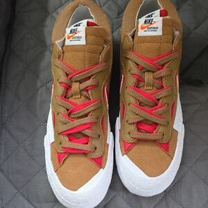 Size 10.5 Nike Sacai Blazer Low Tan and Red Suede Low-Top Sneakers